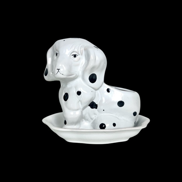 Vintage Ceramic Dalmatian Dog Puppy Planter, White with Black Spots Plant Pot - Picture 1 of 7
